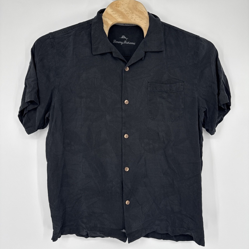 Tommy Bahama Mens 100% Silk Short Sleeve Button Shirt Textured Woven Black XL